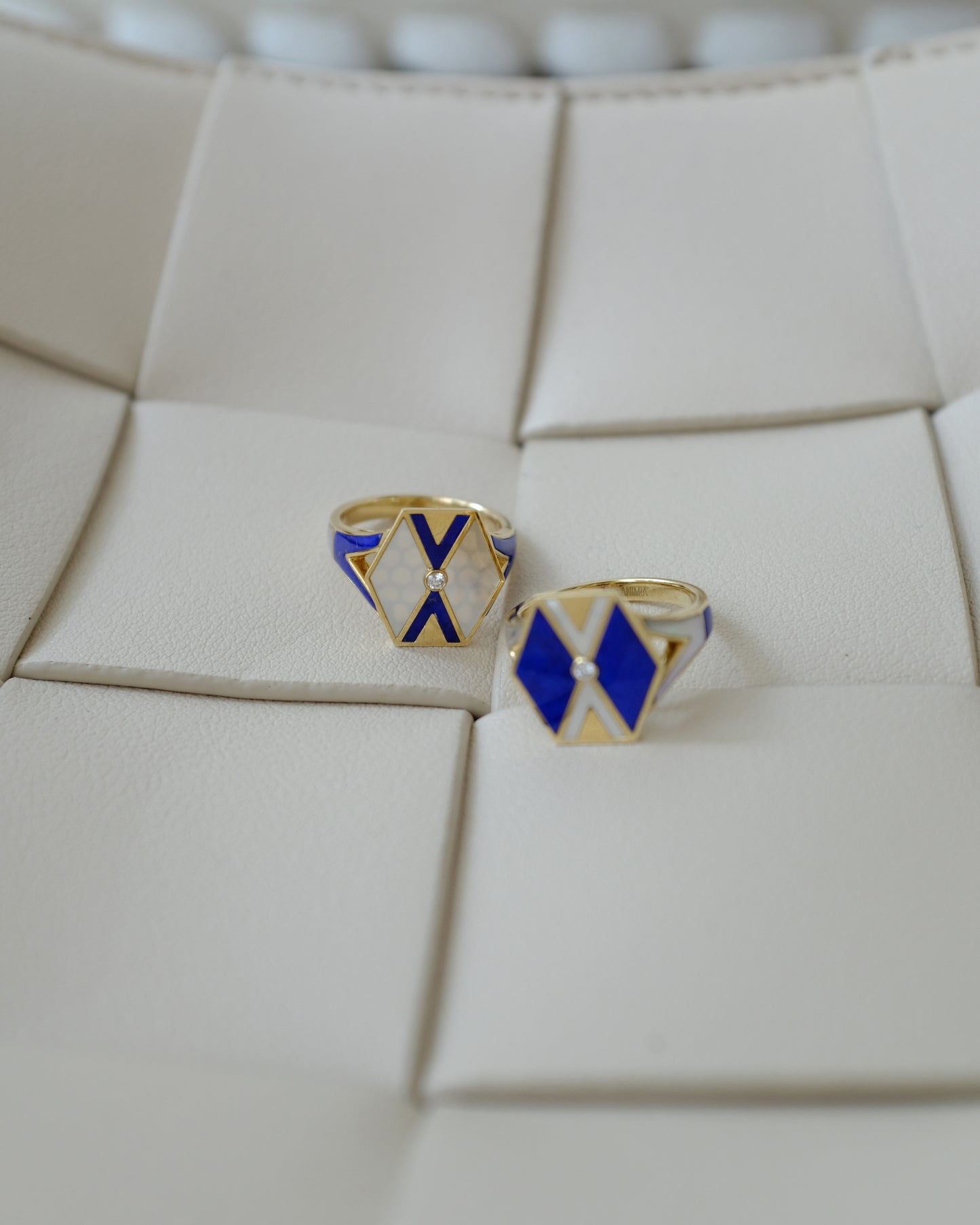 L'Epoca Art Deco Geometric Ring - Natural Mother of Pearl & Lapis Lazuli in 9K Yellow Gold