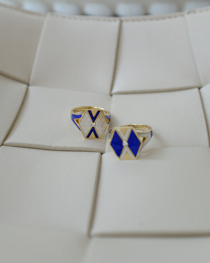 L'Epoca Art Deco Geometric Ring - Natural Mother of Pearl & Lapis Lazuli in 9K Yellow Gold