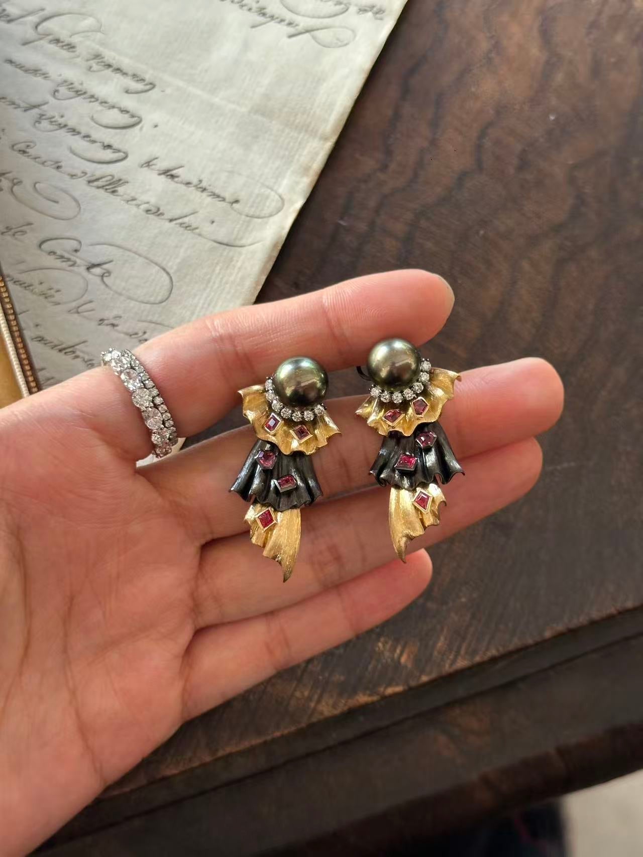 Rococo Style Tahitian Pearl & Diamond Earrings in Solid 18k