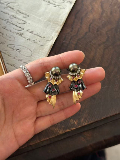 Rococo Style Tahitian Pearl & Diamond Earrings in Solid 18k