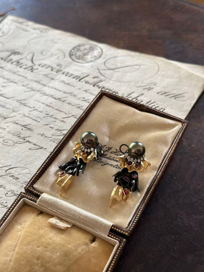 Rococo Style Tahitian Pearl & Diamond Earrings in Solid 18k