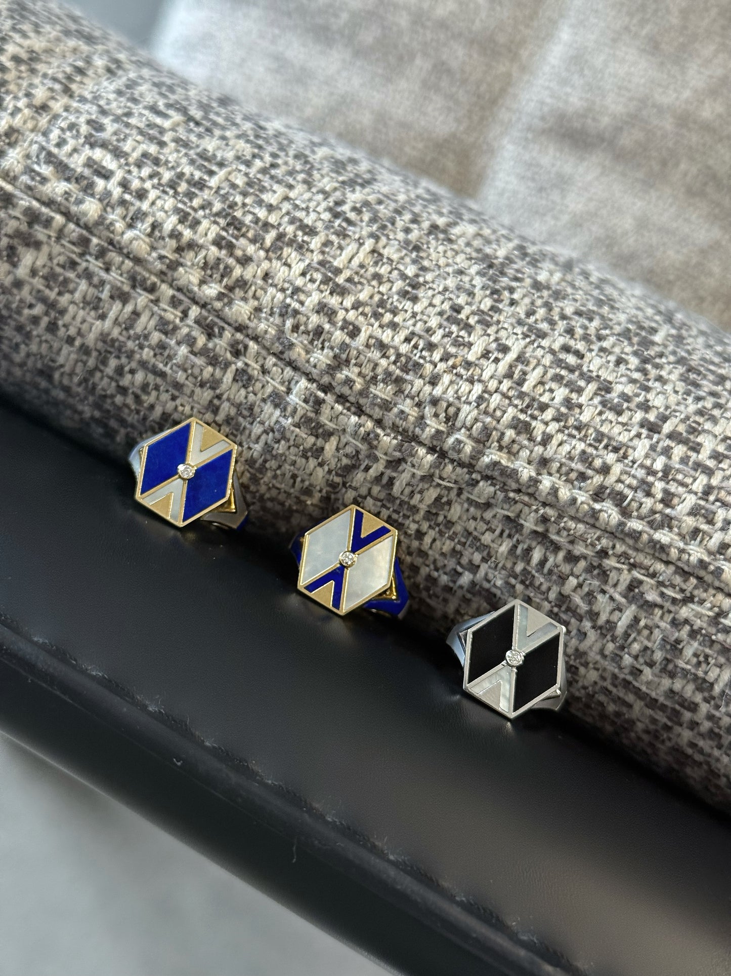 L'Epoca Art Deco Geometric Ring - Natural Lapis Lazuli & Mother of Pearl in 9K Yellow Gold