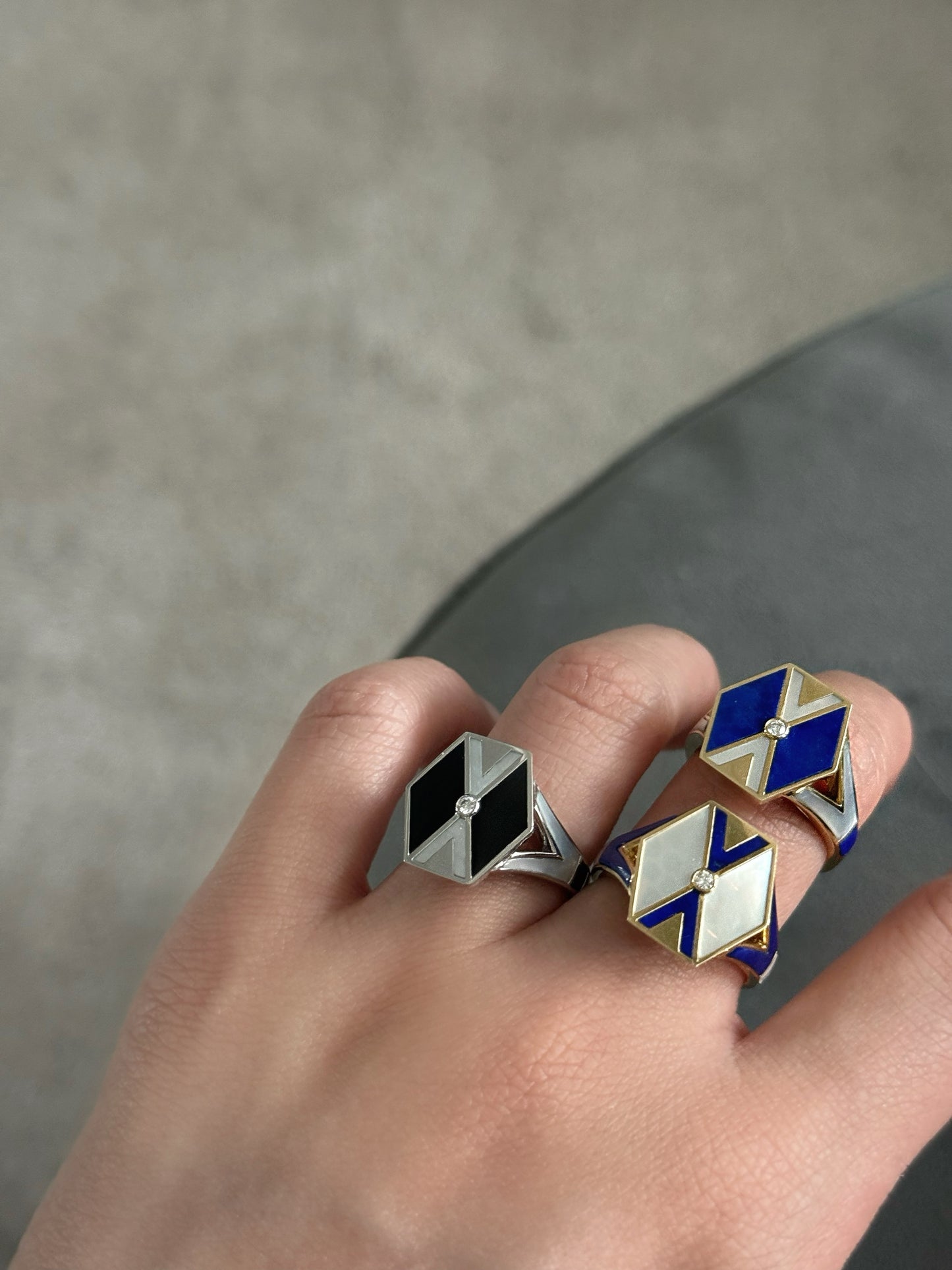 L'Epoca Art Deco Geometric Ring - Natural Lapis Lazuli & Mother of Pearl in 9K Yellow Gold