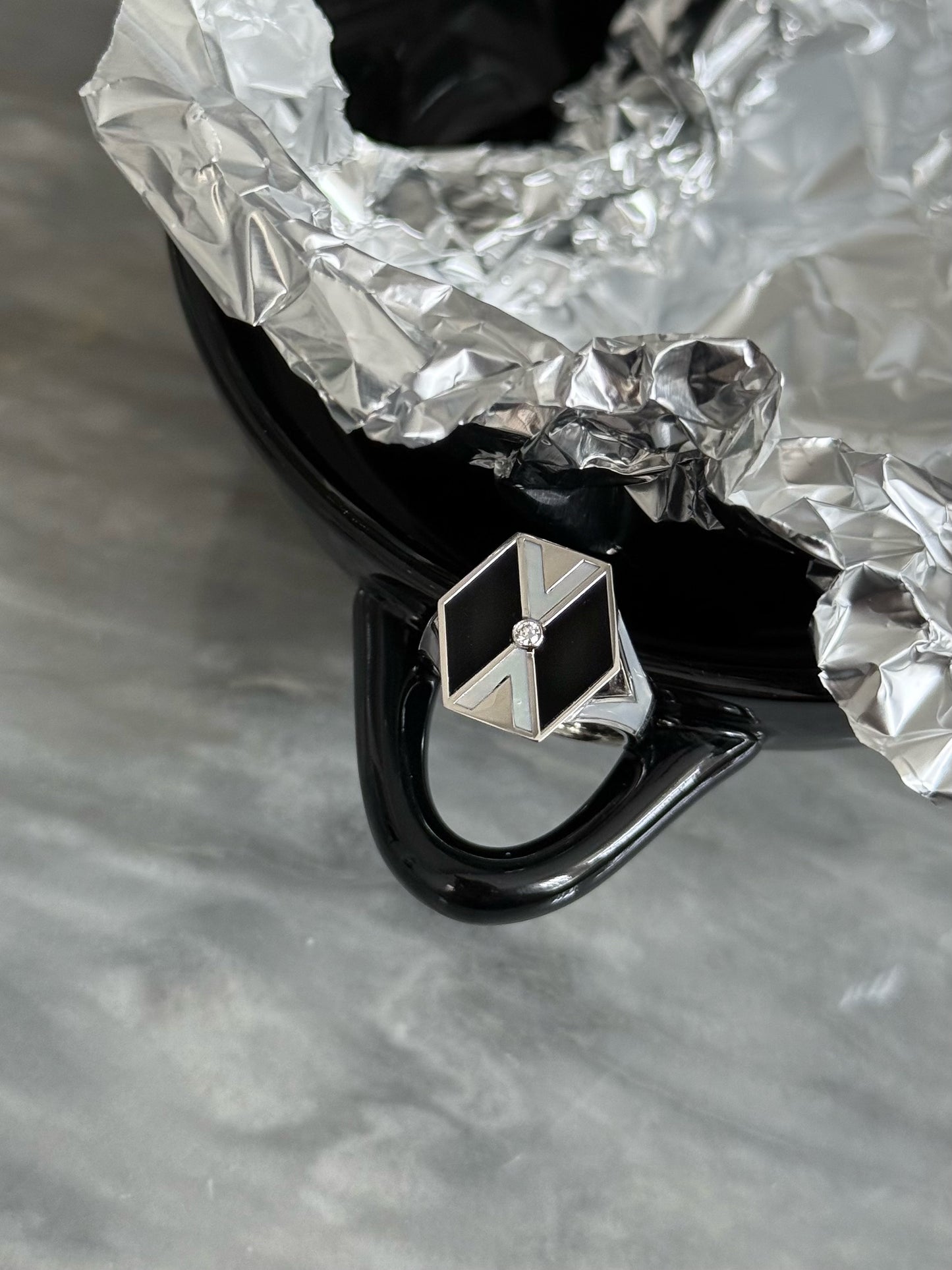 L'Epoca Art Deco Geometric Ring - Natural Mother of Pearl & Black Onyx in 9K White Gold