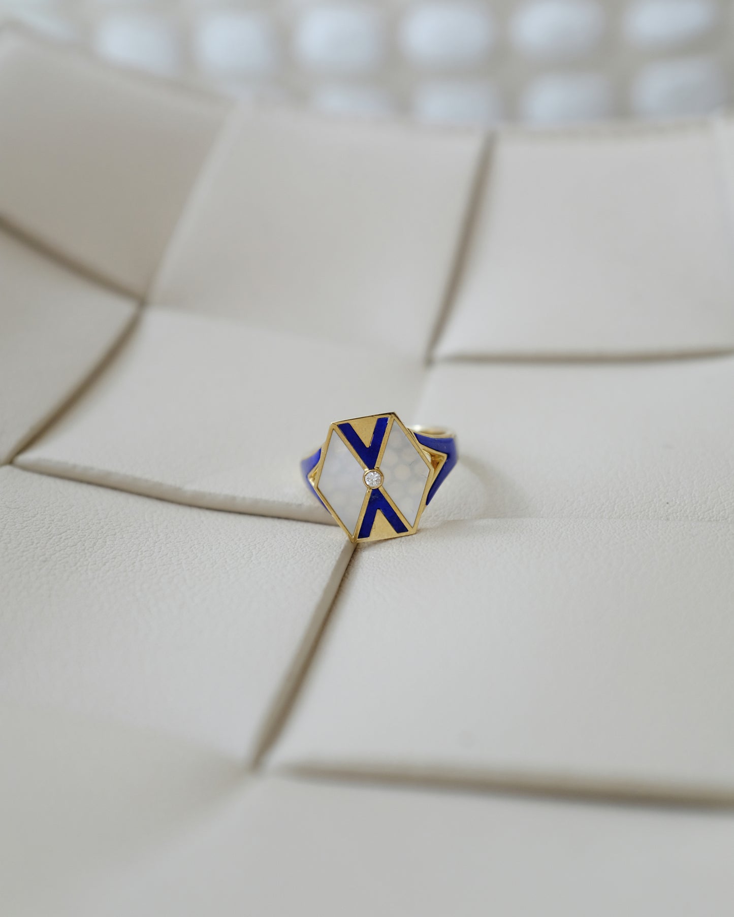 L'Epoca Art Deco Geometric Ring - Natural Mother of Pearl & Lapis Lazuli in 9K Yellow Gold