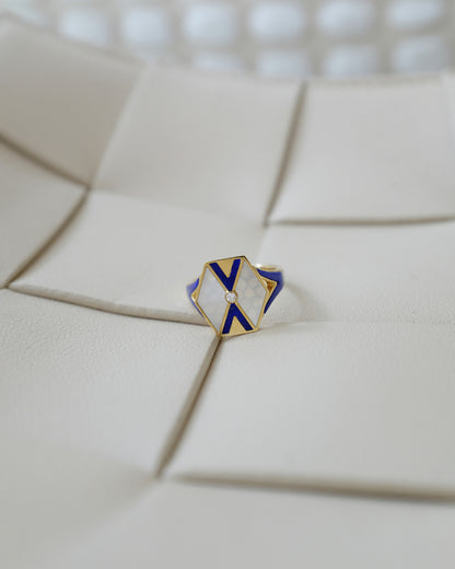 L'Epoca Art Deco Geometric Ring - Natural Mother of Pearl & Lapis Lazuli in 9K Yellow Gold